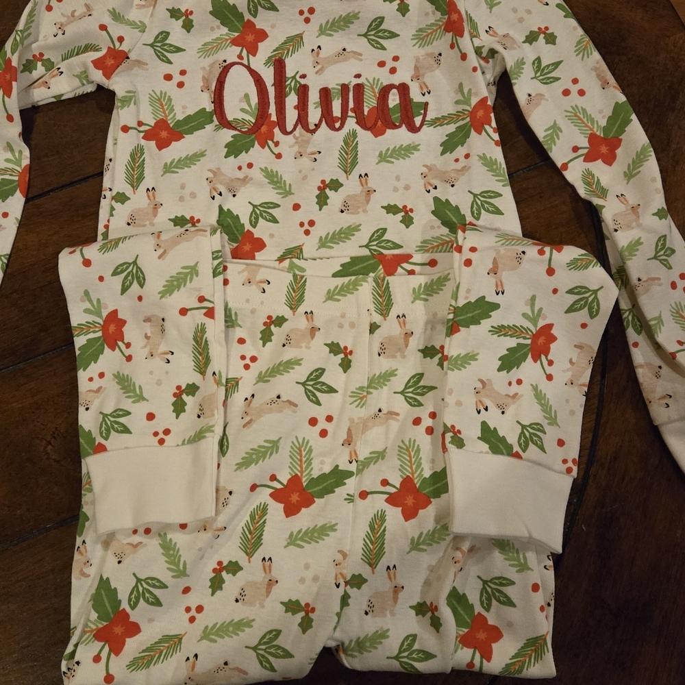 Old Navy Kids Pajama Set with Red and Green Holiday Print Personalized OLIVIA